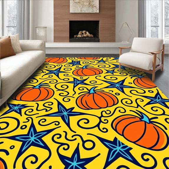 ODIKA 5'x7' Machine Washable Non-Slip Area Rug, Whimsical Pumpkin Carousel with Interlocking Stars and Festive Swirls High Traffic Rug, Yellow, 629306