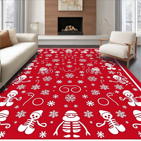 ODIKA 5'x7' Machine Washable Non-Slip Area Rug, Whimsical Skeleton Santa and Cane Snowflake High Traffic Rug with Pad, Red, 735462