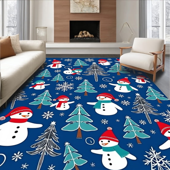 ODIKA 5'x7' Machine Washable Non-Slip Area Rug, Whimsical Snowman Forest and Falling Flakes Interlocking Storybook Theme High Traffic Rug, Blue, 617650