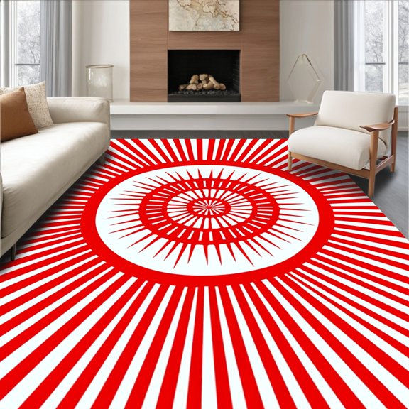 ODIKA 5x7 Machine Washable Non-Slip Area Rug, Whimsical Sweet Lollipop Patterned with Radiating Striped Rays High Traffic Rug, Red, 654912