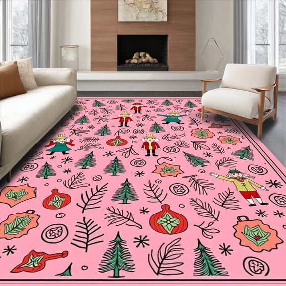 ODIKA 5'x7' Machine Washable Non-Slip Area Rug, Whimsical Winter Nutcracker Scene with Dancing Figures and Spruce Branch High Traffic Rug, Pink, 645870