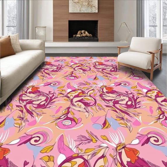 ODIKA 5'x7' Machine Washable Non-Slip Area Rug, Whimsical Woodland Creatures Hide and Seek Among Fern Groves Design High Traffic Rug with Pad, Pink, 511568