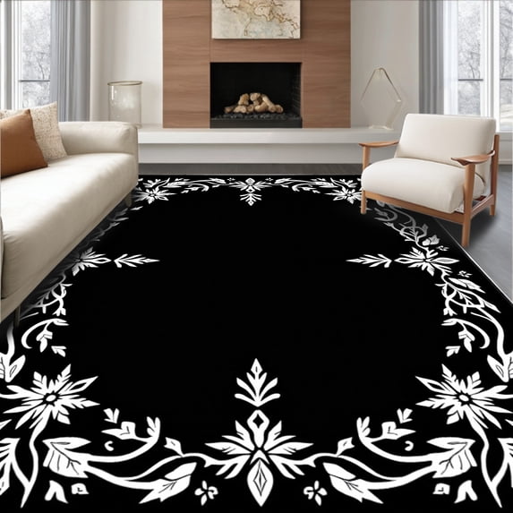 ODIKA 5'x7' Machine Washable Non-Slip Area Rug, Winter Crochet Hook Kit DIY Cushion Cover Needlework Project High Traffic Rug with Pad, Black, 736350