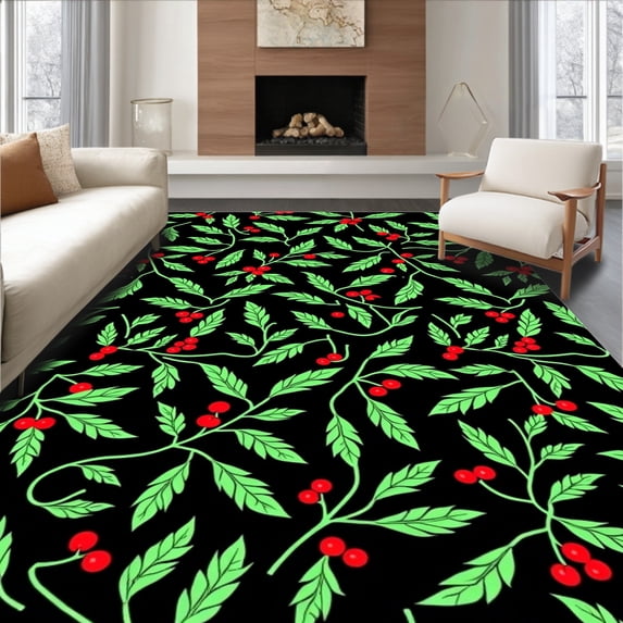 ODIKA 5'x7' Machine Washable Non-Slip Area Rug, Winter Holly Berry Seasonal Accent High Traffic Rug with Pad, Black, 611216