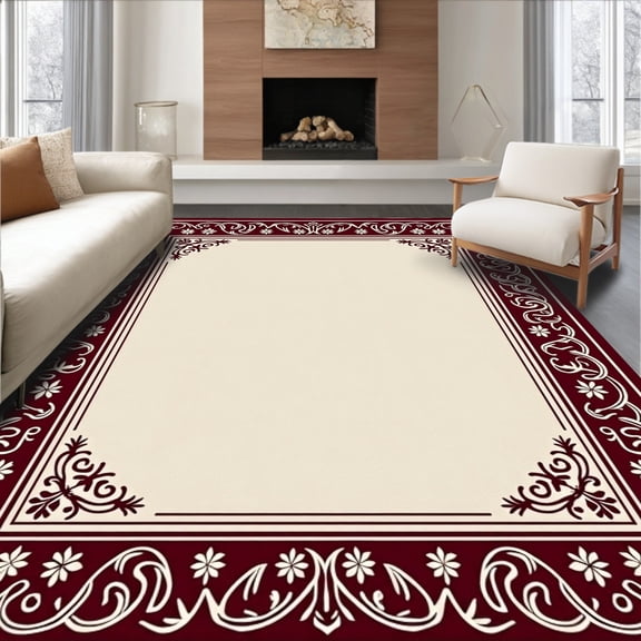 ODIKA 5'x7' Machine Washable Non-Slip Area Rug, Winter Sleigh Track Themed Doormat with Vintage Holiday Journey High Traffic Rug, Beige, 663063