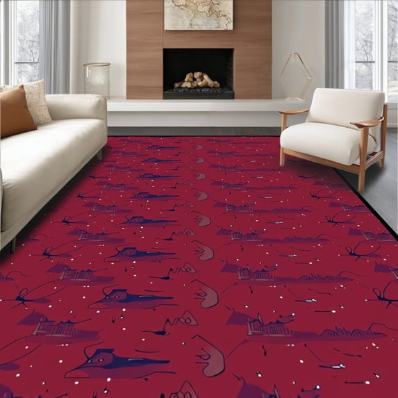 ODIKA 5'x7' Machine Washable Non-Slip Area Rug, Winter Snowy Village Night Journey Panorama High Traffic Rug, Red, 637275