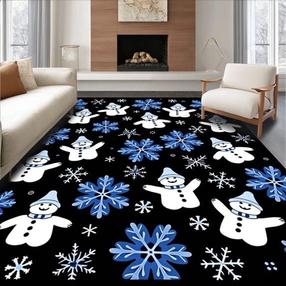 ODIKA 5'x7' Machine Washable Non-Slip Area Rug, Winter Wonderland Featuring Playful Snowmen and Snow Dusted Pine Branches High Traffic Rug with Pad, Black, 734233