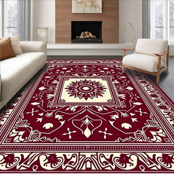 ODIKA 5'x7' Machine Washable Non-Slip Area Rug, Winter Wonderland Snowflake Medallion with Festive Elk High Traffic Rug, Red, 623257