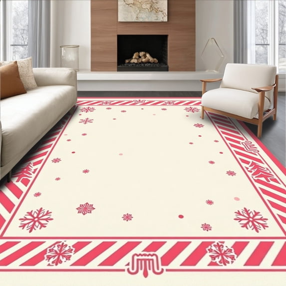 ODIKA 5'x7' Machine Washable Non-Slip Area Rug, Winter Wonderland Stripe Evergreen High Traffic Rug with Pad, Pink, 608218