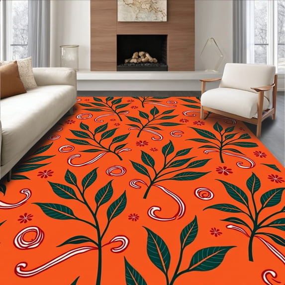 ODIKA 5'x7' Machine Washable Non-Slip Area Rug, Winterberry Vine with Peppermint Twist Design High Traffic Rug, Orange, 612795