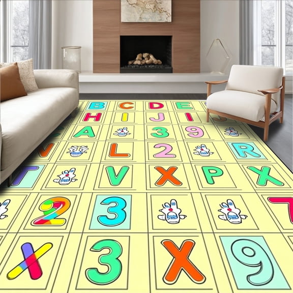 ODIKA 5'x7' Machine Washable Non-Slip Area Rug, Wonder Scholar Preschool Alphabet Knowledge Discovery Interactive Map High Traffic Rug, Beige, 687512