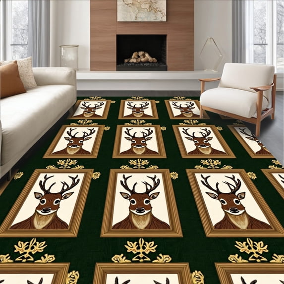 ODIKA 5'x7' Machine Washable Non-Slip Area Rug, Woodland Stag Portrait Hunting Trophy High Traffic Rug with Pad, Green, 682271