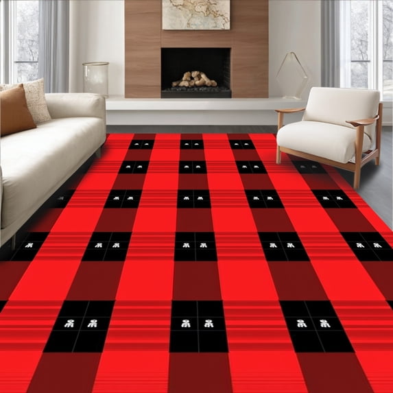 ODIKA 5'x7' Machine Washable Non-Slip Area Rug, Yuletide Checkered Celebration Entrance Welcome Tapestry High Traffic Rug with Pad, Red, 608241