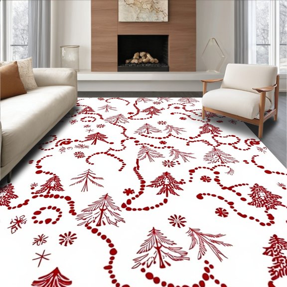 ODIKA 5x7 Machine Washable Non-Slip Area Rug, Yuletide Conifer Forest with Interlocking Snow Crystal Ornaments High Traffic Rug, Red, 735600