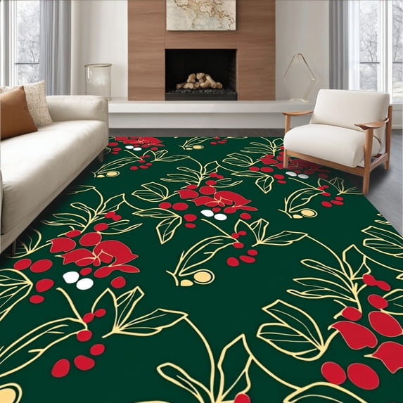 ODIKA 5'x7' Machine Washable Non-Slip Area Rug, Yuletide Elegance Hearth Adornment High Traffic Rug with Pad, Green, 610018