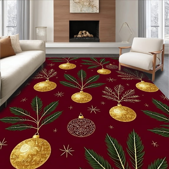 ODIKA 5'x7' Machine Washable Non-Slip Area Rug, Yuletide Ornament Splash with Bauble Cluster High Traffic Rug, Gold, 734842