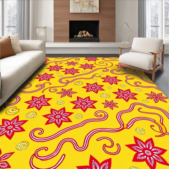ODIKA 5'x7' Machine Washable Non-Slip Area Rug, Yuletide Peppermint Semi Arc Entry Seasonal Hearth High Traffic Rug with Pad, Yellow, 612784