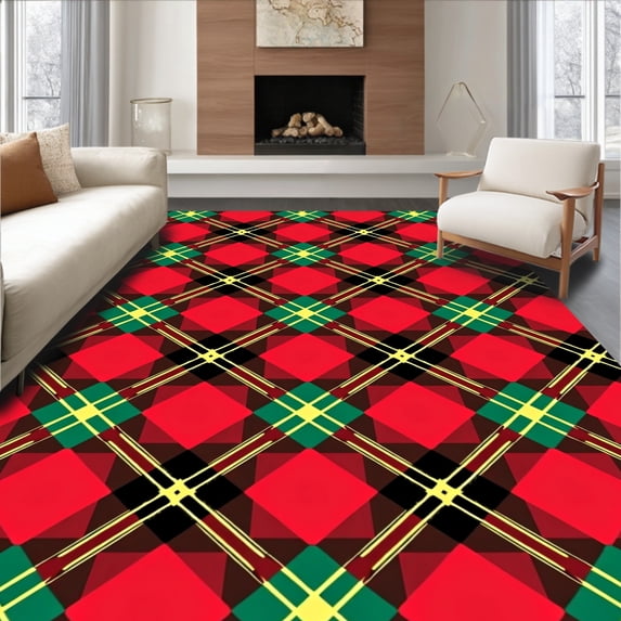 ODIKA 5'x7' Machine Washable Non-Slip Area Rug, Yuletide Plaid Tartan Decorative Seasonal Hearth Covering High Traffic Rug, Red, 432988