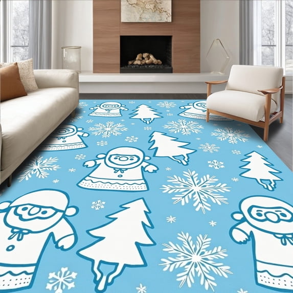 ODIKA 5'x7' Machine Washable Non-Slip Area Rug, Yuletide Wonder Seasonal Hearth High Traffic Rug with Pad, Blue, 609901