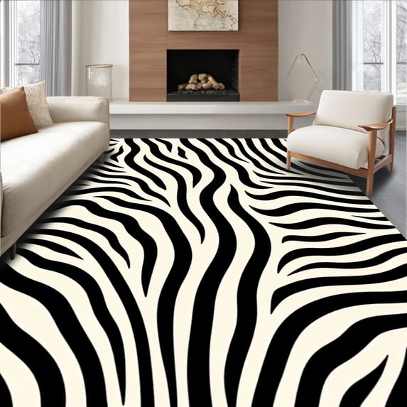 ODIKA 5'x7' Machine Washable Non-Slip Area Rug, Zebra Stripe Shag Contemporary Design High Traffic Rug, Black, 660181