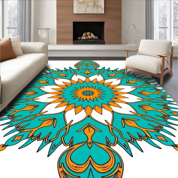 ODIKA 5'x7' Machine Washable Non-Slip Area Rug, with Symmetrical Petal Motif Centerpiece High Traffic Rug, Teal, 525007