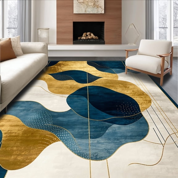 ODIKA 6' x 9' Machine Washable Non-Slip Area Rug, Abstract Wave High Traffic Rug, Gold, 173559