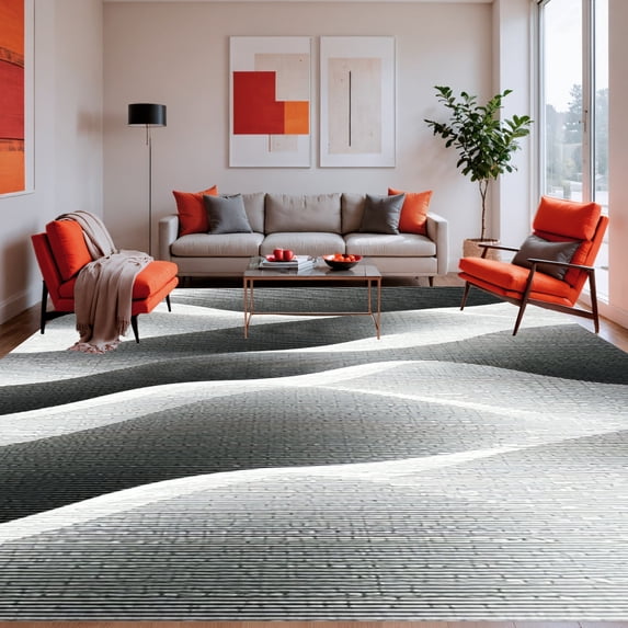 ODIKA 6'x9' Machine Washable Non-Slip Area Rug, Shadow Dance Contemporary Ripple Design High Traffic Rug, Gray, 269876