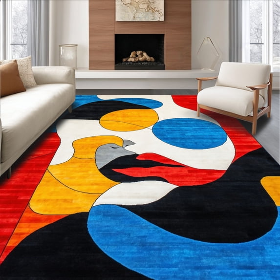 ODIKA 6'x9' Machine Washable Non-Slip Area Rug, Multicolored Abstract High Traffic Rug, Blue, 136308