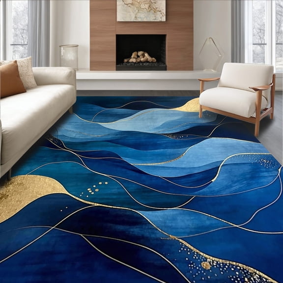 ODIKA 6'x9' Machine Washable Non-Slip Area Rug, Contemporary Abstract with Waves and Gold Veins High Traffic Rug, Blue, 80471