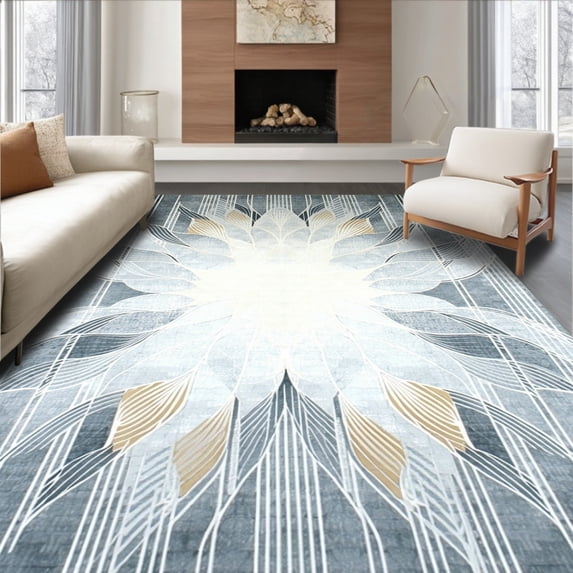 ODIKA 6'x9' Machine Washable Non-Slip Area Rug, Art Fan Mosaic with Radiant Detailing High Traffic Rug, Gray, 222227