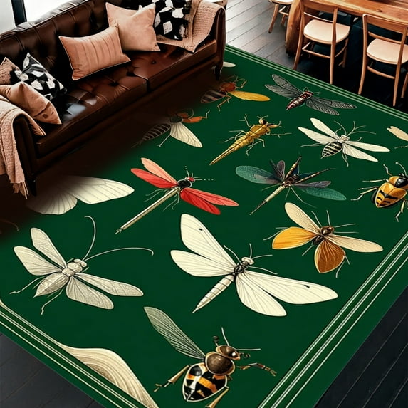 ODIKA 6' x 9' Machine Washable Non-Slip Area Rug, Art Nouveau Butterfly High Traffic Rug, Yellow, 279513