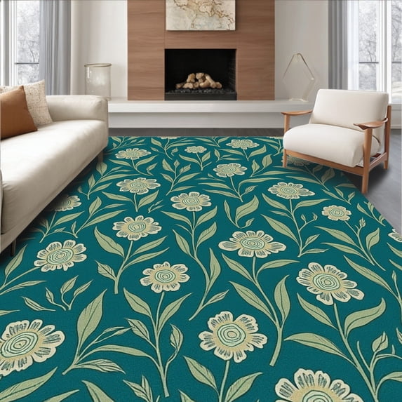 ODIKA 6' x 9' Machine Washable Non-Slip Area Rug, Art Nouveau Flower High Traffic Rug, Green, 241314