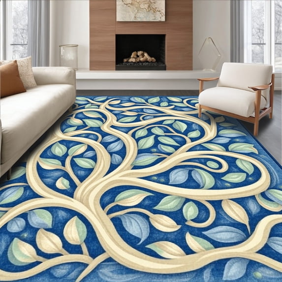 ODIKA 6' x 9' Machine Washable Non-Slip Area Rug, Art Nouveau Leaf High Traffic Rug, Blue, 232766