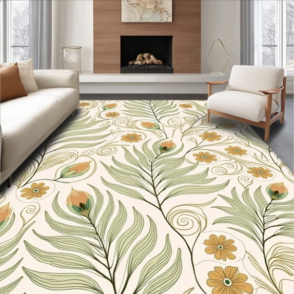 ODIKA 6' x 9' Machine Washable Non-Slip Area Rug, Art Nouveau Leaf High Traffic Rug, Green, 332302