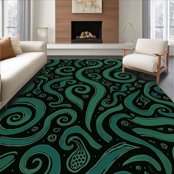 ODIKA 6' x 9' Machine Washable Non-Slip Area Rug, Art Nouveau Swirl High Traffic Rug, Black, 313768