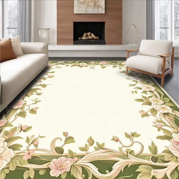 ODIKA 6' x 9' Machine Washable Non-Slip Area Rug, Art Nouveau rose High Traffic Rug, Ivory, 275122
