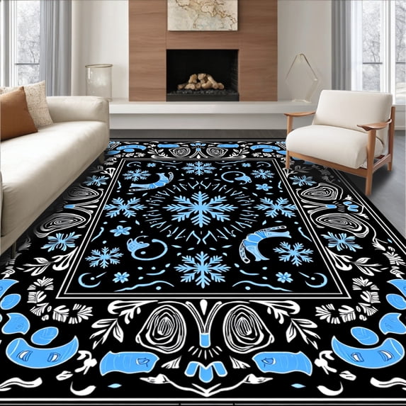 ODIKA 6' x 9' Machine Washable Non-Slip Area Rug, Art Nouveau snowflake High Traffic Rug, Black, 742846