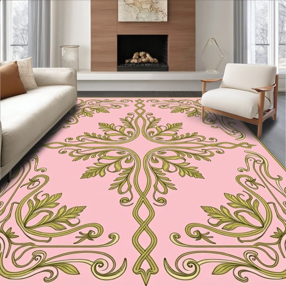 ODIKA 6' x 9' Machine Washable Non-Slip Area Rug, Baroque Leaf High Traffic Rug, Pink, 537416