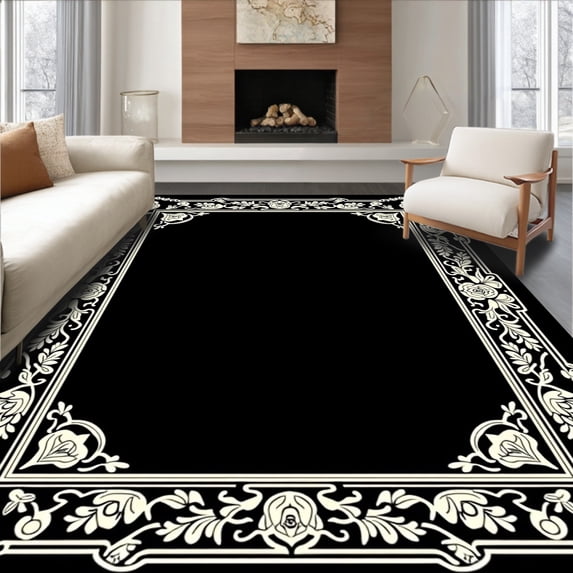 ODIKA 6' x 9' Machine Washable Non-Slip Area Rug, Baroque Rose High Traffic Rug, Black, 461908