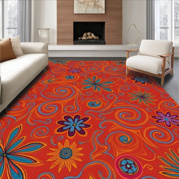 ODIKA 6' x 9' Machine Washable Non-Slip Area Rug, Boho Flower High Traffic Rug, Red, 364100