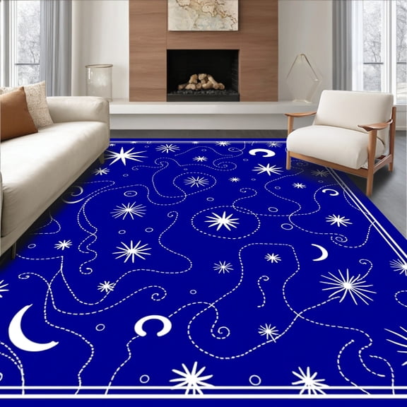 ODIKA 6'x9' Machine Washable Non-Slip Area Rug, Starry Night Adventure Map With Constellation Pathways High Traffic Rug, Blue, 374474