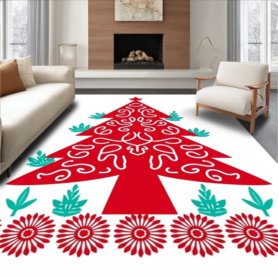 ODIKA 6' x 9' Machine Washable Non-Slip Area Rug, Christmas tree High Traffic Rug, Red, 649411