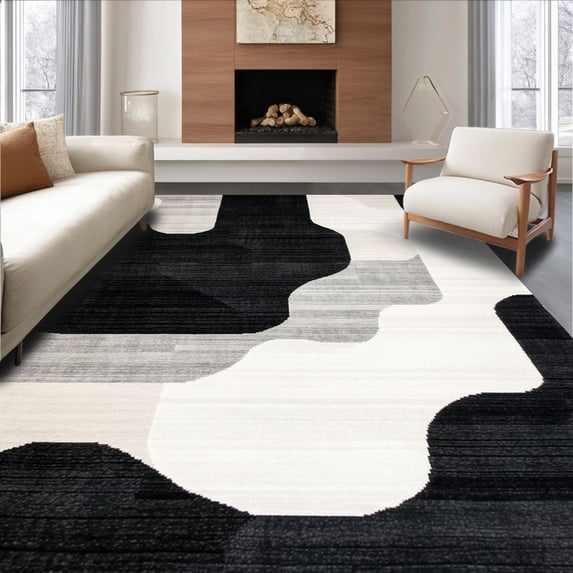 ODIKA 6'x9' Machine Washable Non-Slip Area Rug, Shadow Play Abstract High Traffic Rug, Black, 144443