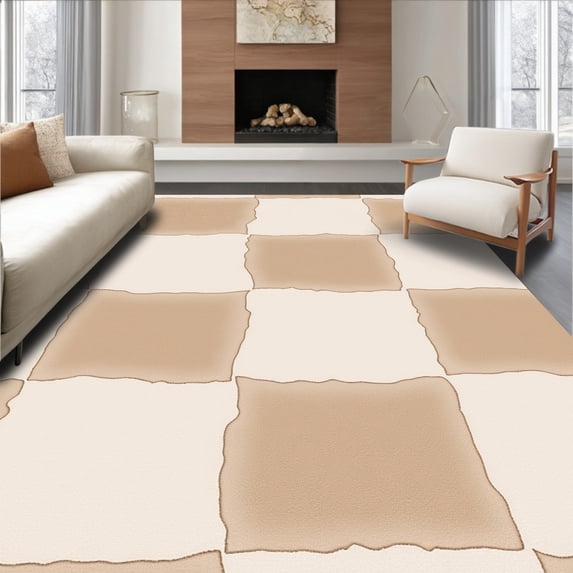 ODIKA 6' x 9' Machine Washable Non-Slip Area Rug, Contemporary Checkerboard High Traffic Rug, Beige, 449680