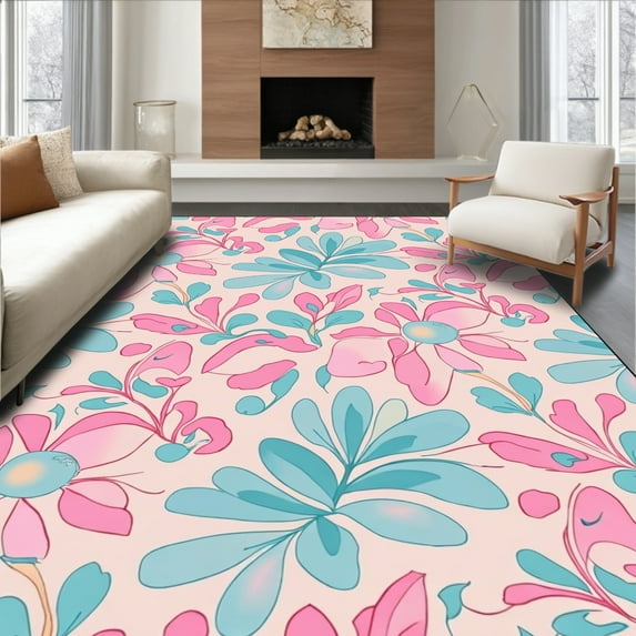 ODIKA 6' x 9' Machine Washable Non-Slip Area Rug, Contemporary Flower High Traffic Rug, Pink, 331937