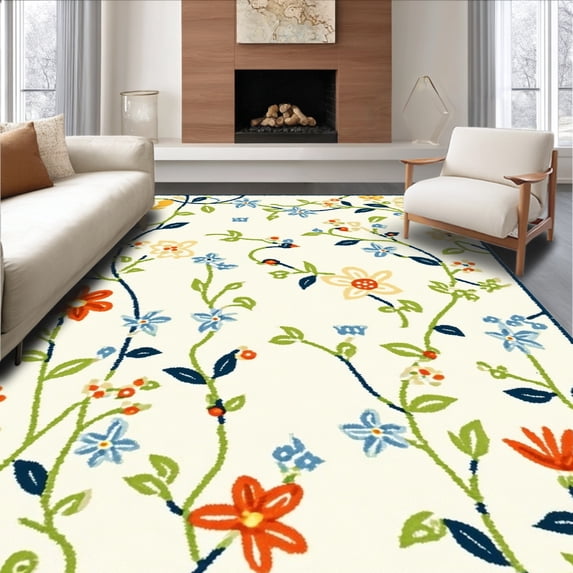 ODIKA 6'x9' Machine Washable Non-Slip Area Rug, Whimsical Bloom Hallway Playful Floral Print High Traffic Rug, Yellow, 132721