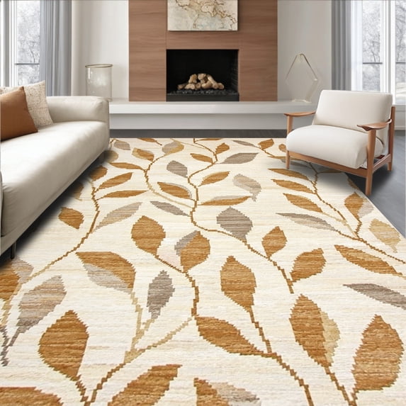ODIKA 6' x 9' Machine Washable Non-Slip Area Rug, Contemporary Leaf High Traffic Rug, Beige, 248835