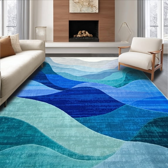 ODIKA 6' x 9' Machine Washable Non-Slip Area Rug, Contemporary Mountains High Traffic Rug, Blue, 184668