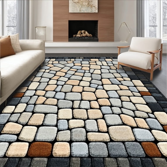 ODIKA 6'x9' Machine Washable Non-Slip Area Rug, Zen Stone Mosaic with Cobblestone Inspired Boho Geometric Motifs High Traffic Rug, Beige, 50046