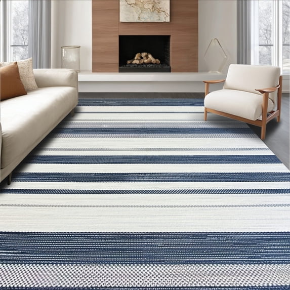 ODIKA 6'x9' Machine Washable Non-Slip Area Rug, Classic Stripe Mosaic with Band Detailing High Traffic Rug, Navy, 272754